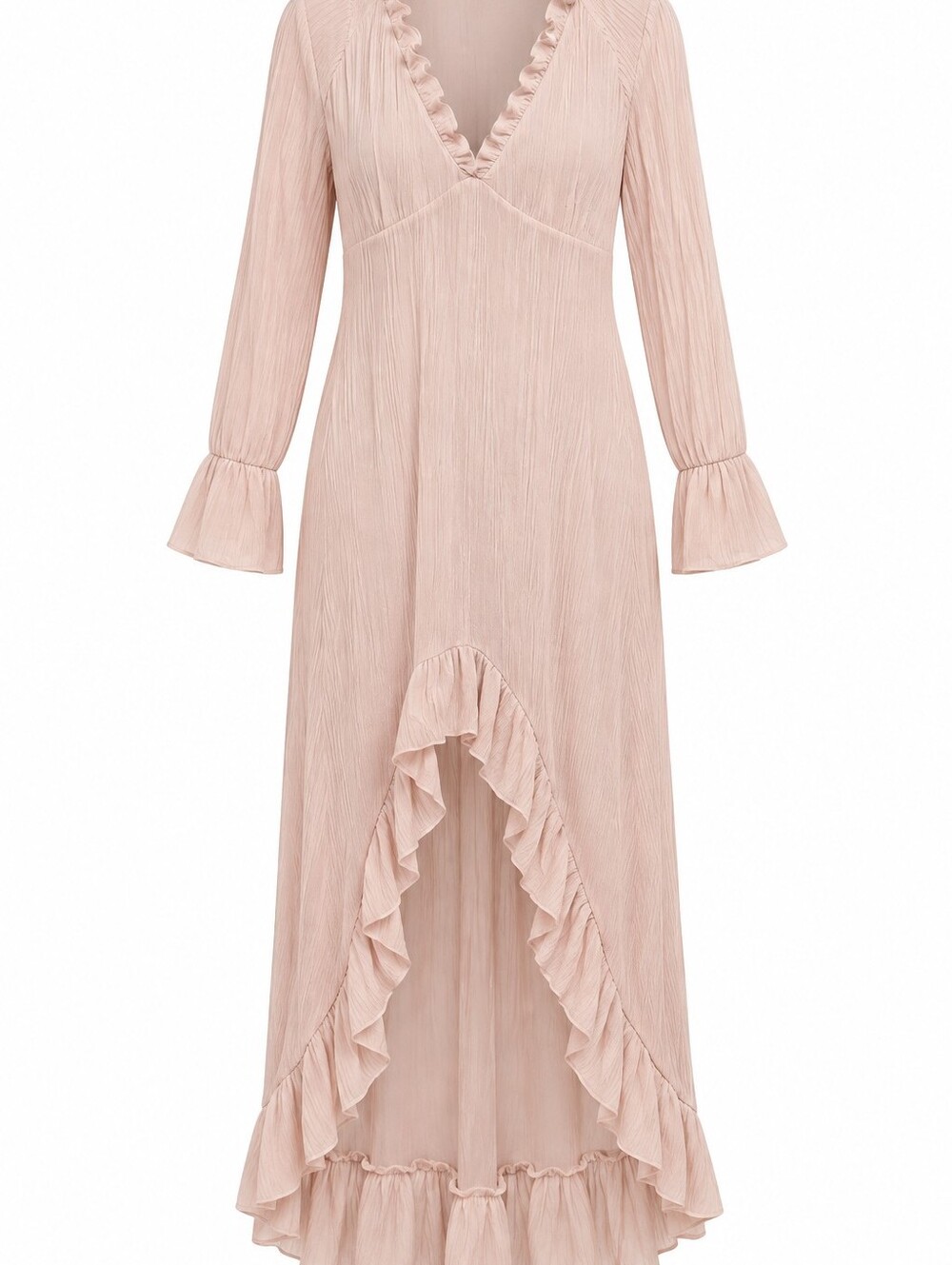 SHEIN Cream Ruffle High Low Maxi Dress Long Bell Sleeve Deep V Neck Size L